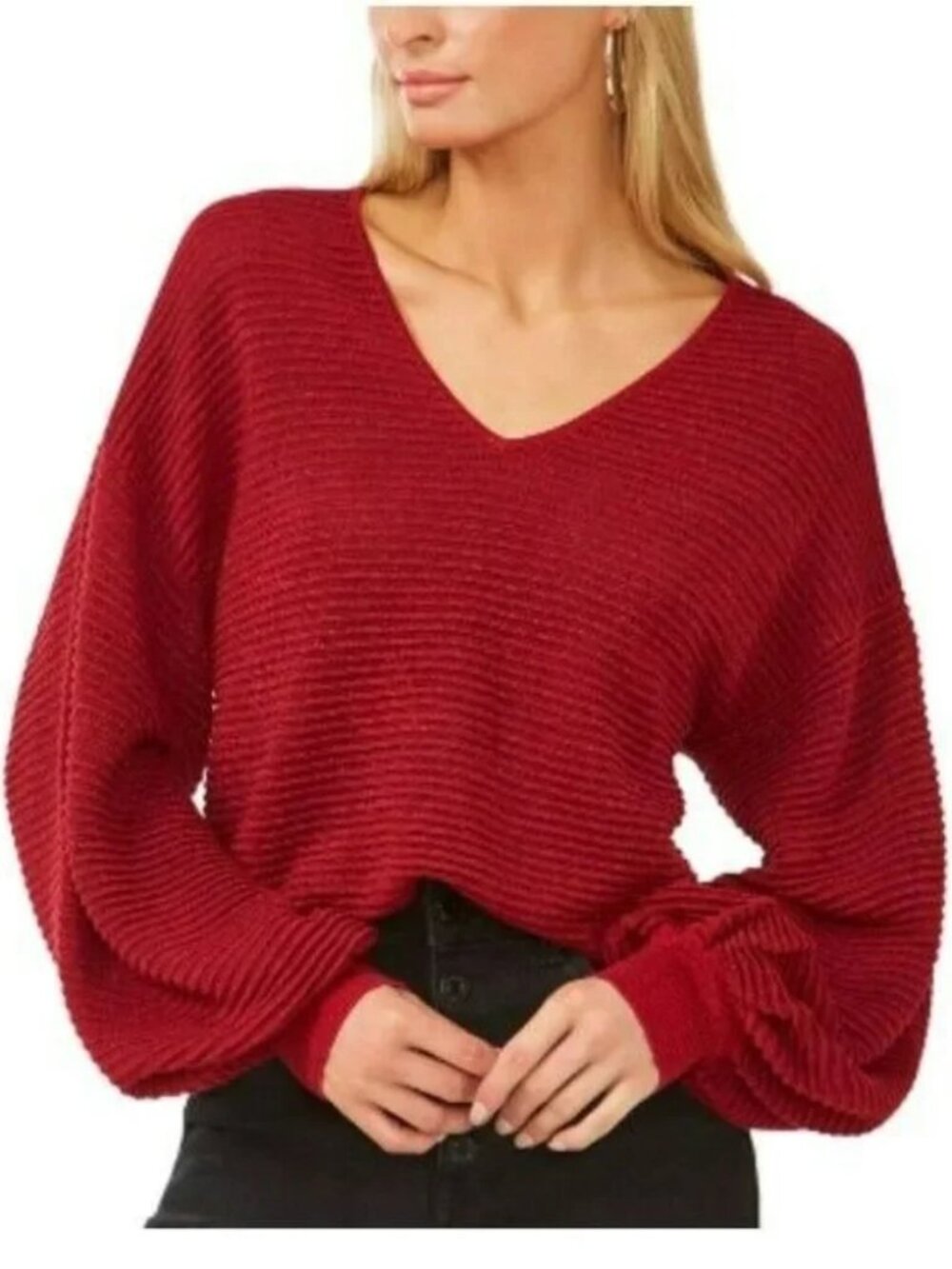 Vince Camuto Sweater Red Metallic Sparkle Top V-Neckline Textured Rib Knit Small